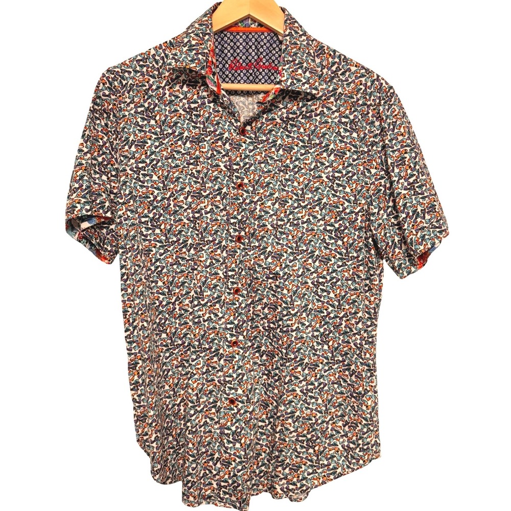 Robert Graham 100% Cotton Button Down Shirt Medium Blue Red Print Art Deco Bold